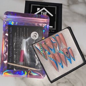 Blue and Nude Press-On Nails with Rhinestones